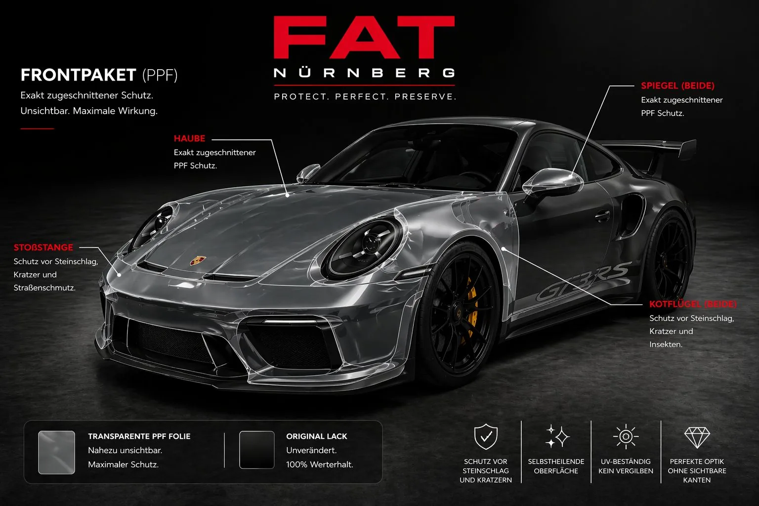 FAT Nürnberg Porsche GT3 RS mit transparenter PPF Lackschutzfolierung — Frontpaket